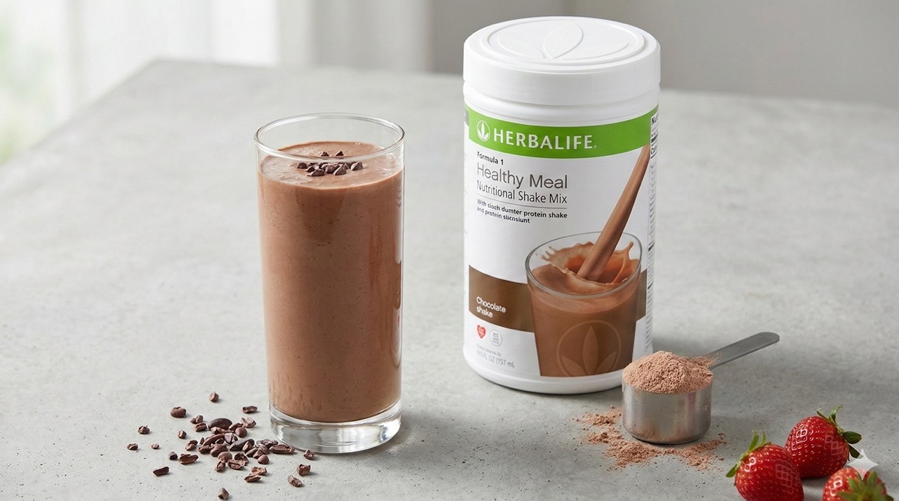 Протеїновий коктейль Формула Formula 1 у склянці поруч із банкою — 18 г білка та 200 ккал на порцію з молоком